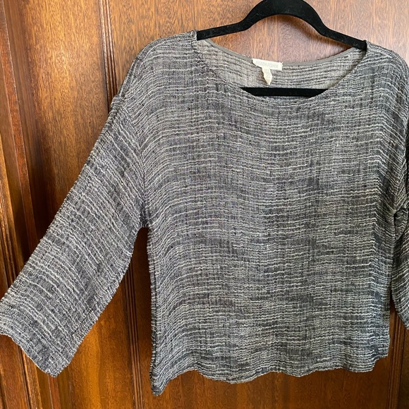 Eileen Fisher Three Quarter Sleeve Gauze Weave Boxy Top - Black/White - Small - Picture 2 of 9